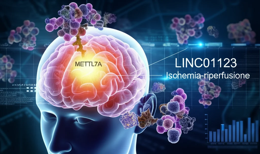 Visualizzazione artistica del cervello umano con un'area evidenziata che mostra il danno da ischemia-riperfusione. Intorno, rappresentazioni molecolari stilizzate di LINC01123 che agisce come una spugna su miR-654-5p, liberando METTL7A. Stile fotorealistico con elementi grafici sovrapposti, profondità di campo, illuminazione drammatica focalizzata sull'area danneggiata.