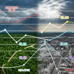 Visualizzazione concettuale di un paesaggio diviso a metà: da un lato un ecosistema forestale rigoglioso e connesso con sentieri naturali, dall'altro un'area urbana degradata e frammentata da strade e edifici. Sovrapposizione di grafici stilizzati che rappresentano l'indice ELEI con valori positivi sul lato naturale e negativi sul lato urbano. Fotografia paesaggistica, obiettivo grandangolare 20mm, luce drammatica dell'alba con cielo parzialmente nuvoloso, messa a fuoco nitida su tutto il campo.