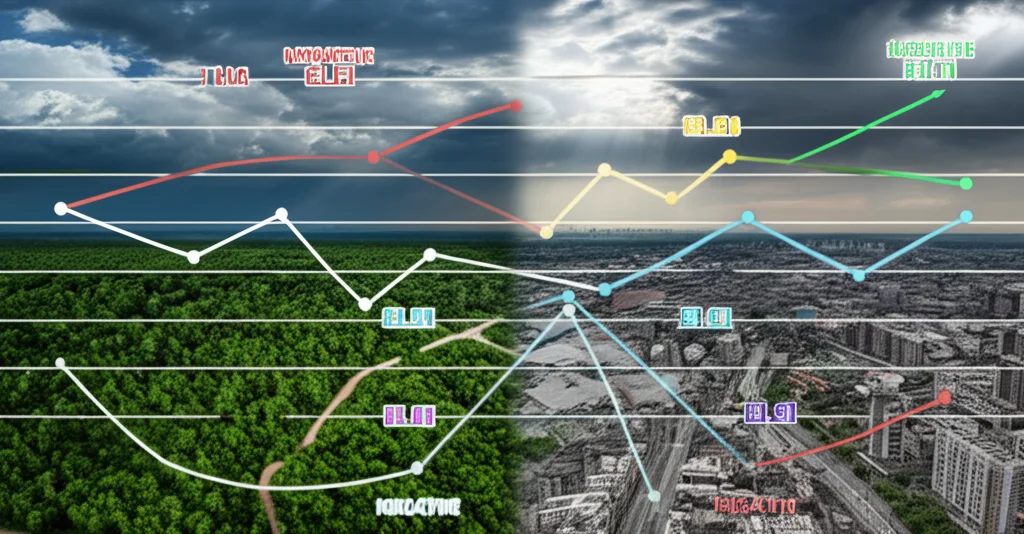 Visualizzazione concettuale di un paesaggio diviso a metà: da un lato un ecosistema forestale rigoglioso e connesso con sentieri naturali, dall'altro un'area urbana degradata e frammentata da strade e edifici. Sovrapposizione di grafici stilizzati che rappresentano l'indice ELEI con valori positivi sul lato naturale e negativi sul lato urbano. Fotografia paesaggistica, obiettivo grandangolare 20mm, luce drammatica dell'alba con cielo parzialmente nuvoloso, messa a fuoco nitida su tutto il campo.