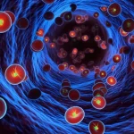 Visualizzazione fotorealistica di cellule mononucleate del sangue periferico (PBMC) che fluiscono in un vaso sanguigno, con mitocondri luminescenti visibili all'interno, simboleggiando la loro funzione e il potenziale come biomarcatori. Obiettivo macro 90mm, illuminazione suggestiva, alta definizione, focus sui dettagli cellulari.