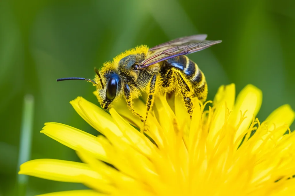 Foto macro ad altissimo dettaglio di un'ape solitaria del genere Osmia, con riflessi blu metallici, posata su un capolino giallo intenso di Tarassaco (dente di leone). L'ape è carica di polline giallo sulle zampe posteriori. Lo sfondo è costituito da erba verde sfocata del sottobosco di un frutteto. Scattata con obiettivo macro 90mm, messa a fuoco precisa sull'ape e sul fiore, luce naturale morbida, elevato dettaglio.
