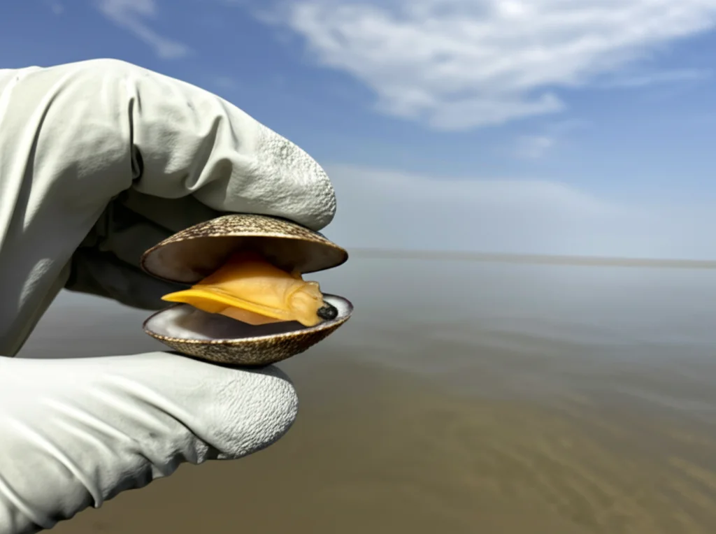 Fotografia realistica di una mano guantata da ricercatore che tiene delicatamente una vongola Ruditapes decussatus aperta, mostrando chiaramente la polpa interna. Sullo sfondo, il Lago Timsah appare leggermente sfocato ma riconoscibile, con acqua calma sotto un cielo parzialmente nuvoloso. Obiettivo macro 60mm, alta definizione, luce naturale controllata per evidenziare i dettagli della vongola e creare un contrasto con l'ambiente, simboleggiando l'analisi scientifica nel contesto naturale.