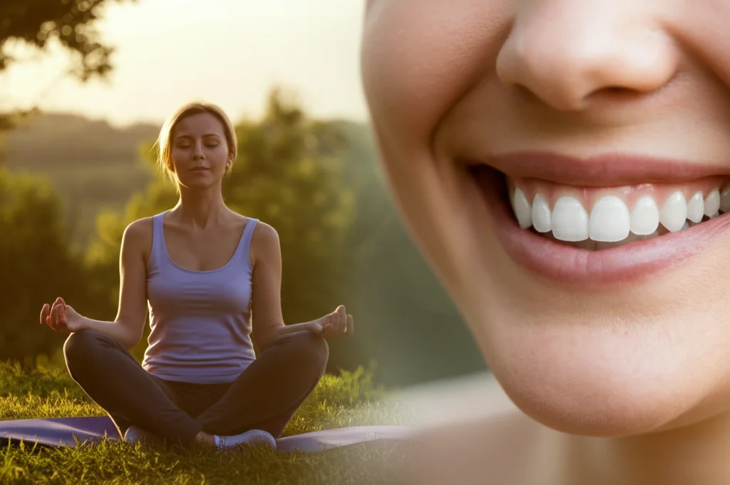 Immagine composita: a sinistra, una donna serena (35-44 anni) con abbigliamento comodo che pratica Pranayama (respirazione yogica) seduta in un ambiente naturale e tranquillo all'alba; a destra, un primo piano di un sorriso sano con gengive rosee e denti puliti. Le due immagini sono fuse morbidamente al centro. Luce calda e naturale, obiettivo 50mm, leggera profondità di campo per un effetto professionale e realistico.