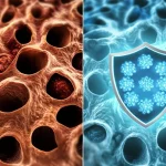 Immagine concettuale fotorealistica: A sinistra, alveoli polmonari infiammati e danneggiati dalla sepsi (stile macro, obiettivo 90mm, illuminazione drammatica rosso-arancio); a destra, gli stessi alveoli protetti e sani grazie all'azione della proteina TIPE2 (visualizzata simbolicamente come uno scudo molecolare luminoso blu), illuminazione chiara e speranzosa. Focus diviso tra danno e protezione, sfondo sfocato di tessuto polmonare.
