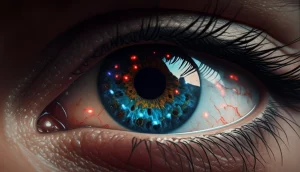 Immagine fotorealistica di un occhio umano stilizzato con cellule T luminose (rosse e blu) che interagiscono sulla superficie corneale, rappresentando l'infiammazione e la risposta immunitaria nell'occhio secco. Obiettivo macro 100mm, alta definizione, illuminazione drammatica laterale, sfondo scuro.