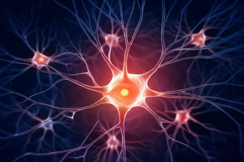 Macro fotografia, obiettivo 85mm, di vie neurali interconnesse all'interno di un cervello umano stilizzato, con focus sulla regione del cervelletto che brilla leggermente più intensamente di altre come la corteccia motoria. Alto dettaglio, messa a fuoco precisa, illuminazione drammatica controllata che evidenzia filamenti di RNA che si intrecciano tra i neuroni. Atmosfera cinematografica.