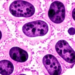 Primo piano di cellule tumorali uterine viste al microscopio elettronico, obiettivo macro 100mm, illuminazione controllata ad alto dettaglio, messa a fuoco precisa su strutture cellulari anomale.