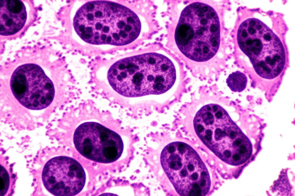 Primo piano di cellule tumorali uterine viste al microscopio elettronico, obiettivo macro 100mm, illuminazione controllata ad alto dettaglio, messa a fuoco precisa su strutture cellulari anomale.