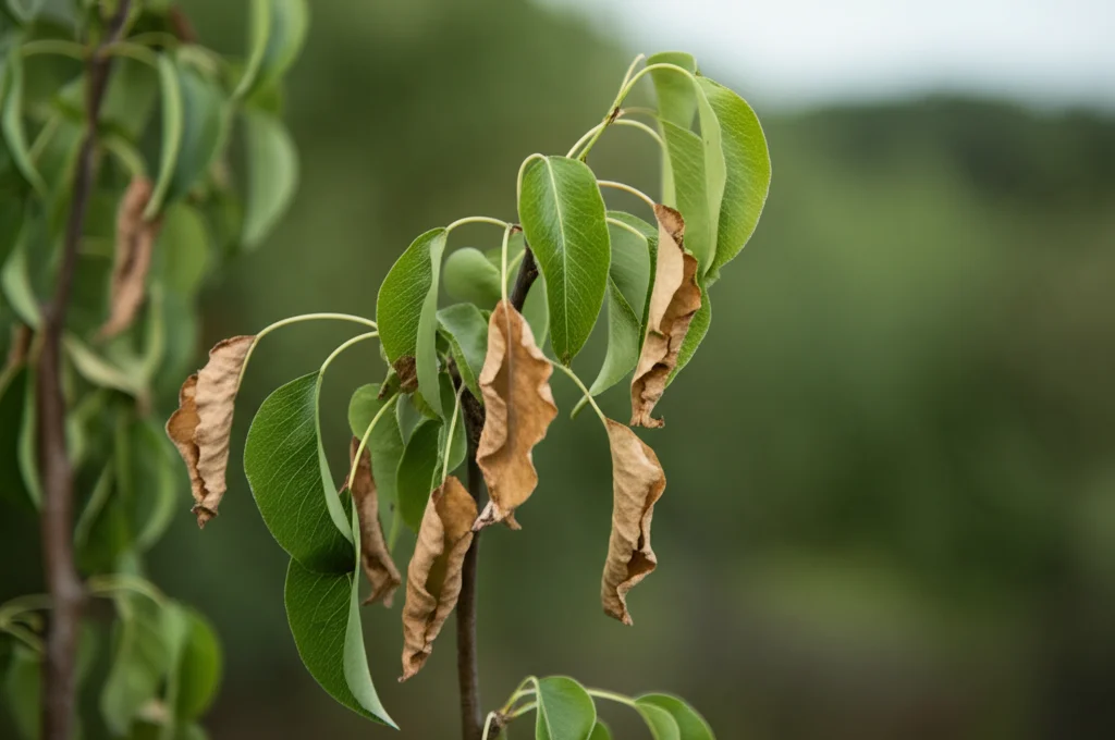 Primo piano fotorealistico di una giovane pianta di pero (Pyrus betulaefolia) con foglie verdi e turgide accanto a una pianta simile ma con foglie appassite per la siccità, a simboleggiare l'effetto protettivo dell'ABA. Lente prime 50mm, profondità di campo ridotta per focalizzare sulle piante, luce naturale morbida.