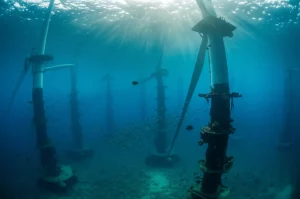 Veduta subacquea ampia di un parco eolico offshore, obiettivo grandangolare 15mm, con le basi delle turbine visibili in lontananza ricoperte di vita marina e banchi di pesci che nuotano tra di esse, luce solare che filtra dalla superficie creando raggi luminosi, acqua limpida.