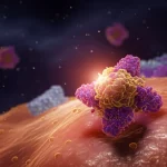 Visualizzazione artistica del virus HIV-1 che attacca una cellula immunitaria T helper. Lente macro 90mm, alta definizione, illuminazione drammatica controllata con contrasto tra viola scuro e rosso brillante, dettagli precisi sulla struttura virale.