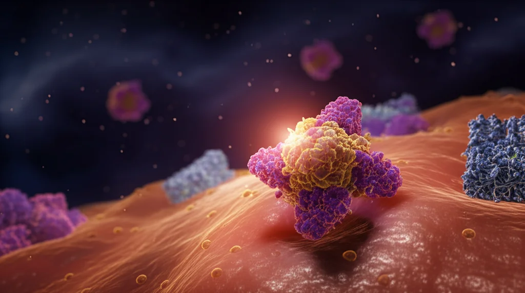 Visualizzazione artistica del virus HIV-1 che attacca una cellula immunitaria T helper. Lente macro 90mm, alta definizione, illuminazione drammatica controllata con contrasto tra viola scuro e rosso brillante, dettagli precisi sulla struttura virale.
