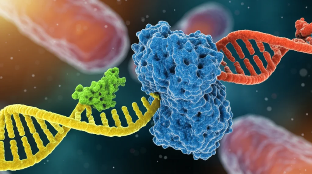 Visualizzazione fotorealistica 3D del sistema mbPE (proteina Cas9 nuclease fusa a trascrittasi inversa, in blu) che interagisce attivamente con un filamento di DNA batterico (in arancio/giallo) all'interno di una cellula di Streptococcus pneumoniae stilizzata. Si nota una rottura del doppio filamento nel DNA e una molecola di pegRNA (in verde) posizionata per la riparazione/editing. Sfondo astratto con motivi che richiamano la struttura cellulare batterica, obiettivo prime 35mm, profondità di campo accentuata per mettere a fuoco il complesso proteina-DNA.