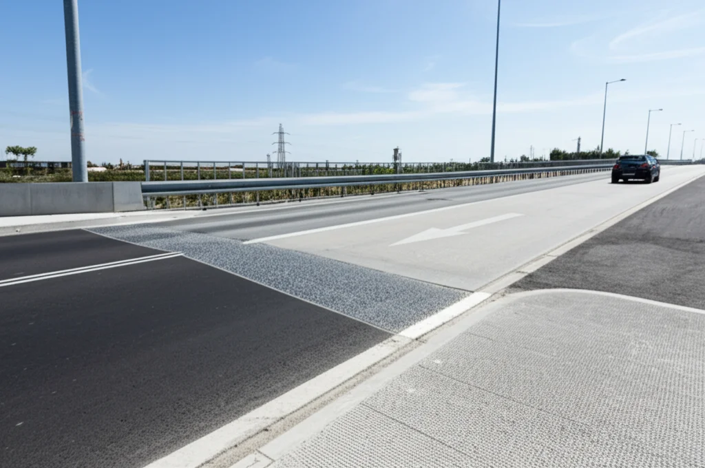 Fotografia grandangolare, 20mm, di un moderno ponte senza giunti (FJB) collegato alla strada tramite una lastra R-ECC. L'asfalto appare liscio e continuo nel punto di transizione. Cielo sereno, luce diurna, focus nitido sull'infrastruttura. Long exposure per dare un leggero effetto mosso a un'auto di passaggio.