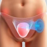 Illustrazione medica fotorealistica del sistema IBCS in funzione. Si vede una sezione trasversale dell'addome inferiore umano con la vescica. Attorno alla vescica è suturato il robot morbido magnetico a rete (MMR) trasparente. Sulla pelle dell'addome è posizionato il sensore indossabile flessibile. Linee di campo magnetico blu emanano dall'MMR verso il sensore. Sfondo neutro e pulito, illuminazione da studio, obiettivo 50mm, alta definizione.