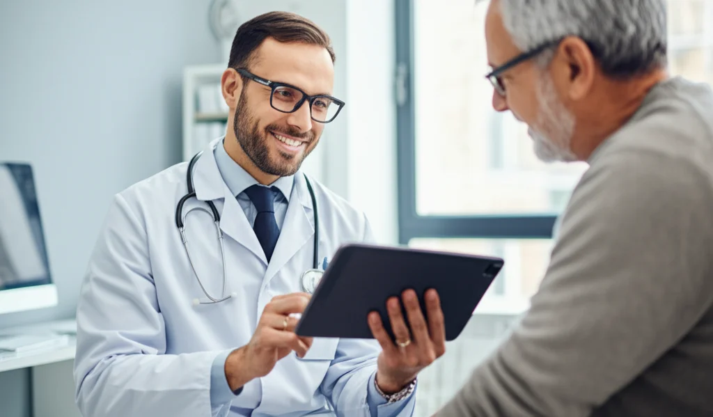 Immagine fotorealistica di un medico sorridente che mostra a un paziente di mezza età i suoi progressi nel controllo del diabete su un tablet, all'interno di uno studio medico moderno e luminoso. Obiettivo zoom 24-70mm impostato a circa 50mm, luce naturale morbida, profondità di campo media che mantiene a fuoco entrambi i soggetti.