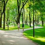 Immagine fotorealistica di un parco urbano rigoglioso e ben curato in Polonia, con persone che si rilassano e camminano su sentieri curvi sotto alberi frondosi, obiettivo grandangolare 24mm per catturare l'ampiezza dello spazio, luce solare brillante che filtra tra le foglie, messa a fuoco nitida sulla vegetazione lussureggiante e sulle persone in lontananza.