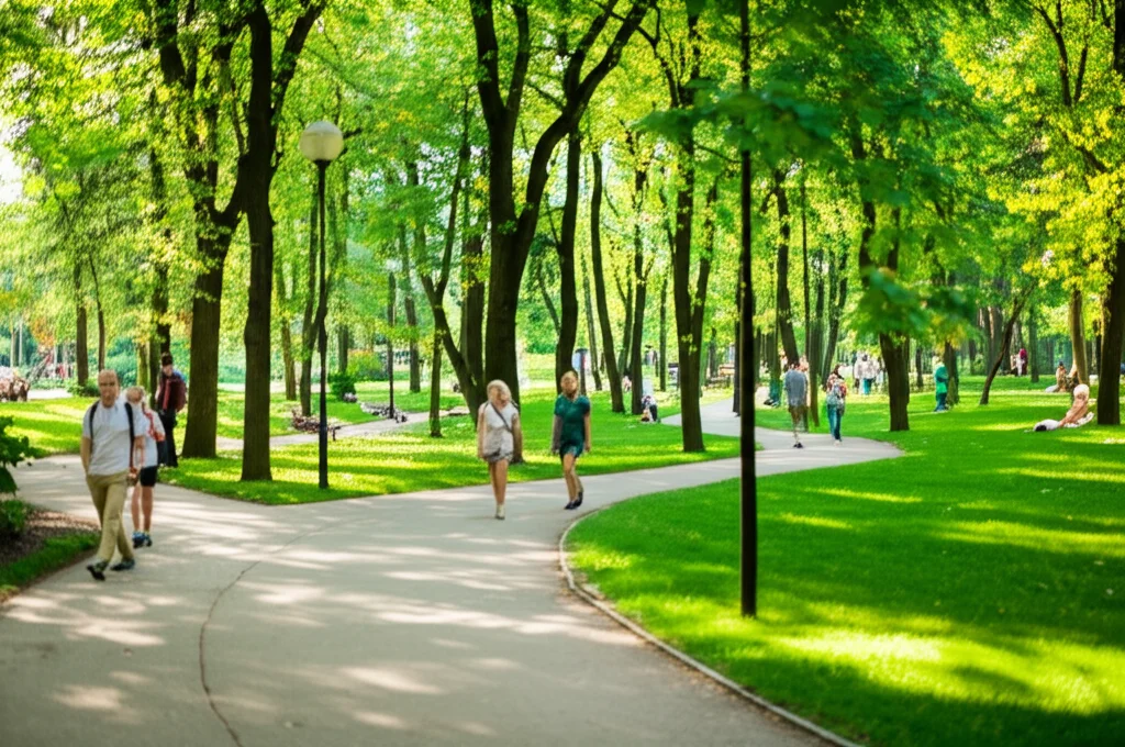 Immagine fotorealistica di un parco urbano rigoglioso e ben curato in Polonia, con persone che si rilassano e camminano su sentieri curvi sotto alberi frondosi, obiettivo grandangolare 24mm per catturare l'ampiezza dello spazio, luce solare brillante che filtra tra le foglie, messa a fuoco nitida sulla vegetazione lussureggiante e sulle persone in lontananza.