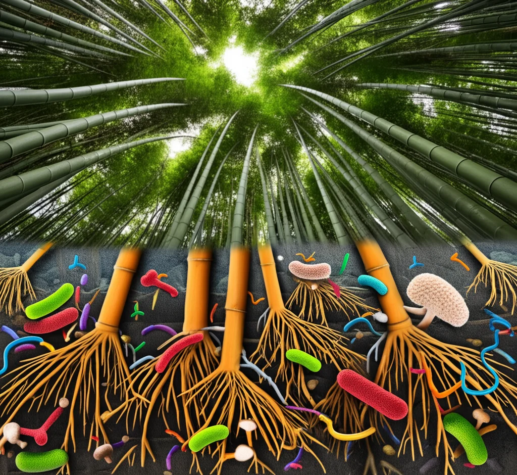 Immagine fotorealistica divisa: sopra, una lussureggiante foresta di bambù moso vista dal basso verso l'alto (grandangolo, 20mm, fuoco nitido); sotto, una sezione trasversale dettagliata del suolo che mostra la rizosfera attorno alle radici di bambù, brulicante di rappresentazioni stilizzate ma realistiche di batteri e funghi. Luce solare naturale e screziata sopra, toni terrosi e illuminazione soffusa sotto. Alto dettaglio su texture del suolo e microrganismi.