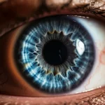 Primo piano macro di un occhio umano con iride blu durante un esame oftalmologico, con una luce diagnostica che illumina la pupilla e la cornea. L'immagine è ad alta definizione, con messa a fuoco precisa sull'occhio, illuminazione controllata, obiettivo macro 100mm, evocando la cura e la tecnologia nel trattamento del glaucoma.