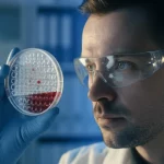 Ritratto di un ricercatore in laboratorio che osserva una piastra ELISA con pozzetti colorati indicanti la reazione anticorpo-antigene specifica per GoAstV-2, obiettivo 35mm, profondità di campo, luce da laboratorio soffusa, colori duotone blu e giallo.