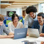 Un gruppo diversificato di studenti universitari sorridenti che lavorano insieme su laptop in una biblioteca moderna, con il logo di Wikipedia visibile su uno schermo. Atmosfera collaborativa e luminosa. Obiettivo 35mm, luce naturale, profondità di campo media.