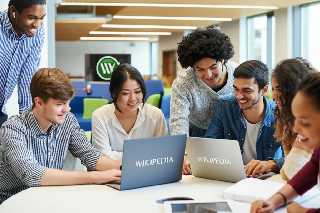 Un gruppo diversificato di studenti universitari sorridenti che lavorano insieme su laptop in una biblioteca moderna, con il logo di Wikipedia visibile su uno schermo. Atmosfera collaborativa e luminosa. Obiettivo 35mm, luce naturale, profondità di campo media.