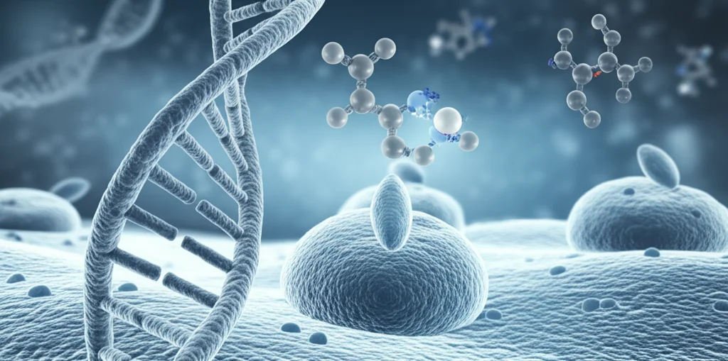Visualizzazione artistica ma fotorealistica di una doppia elica di DNA stilizzata che si sovrappone a un'immagine microscopica di cellule di cancro alla prostata. In primo piano, molecole stilizzate di un farmaco (come enzalutamide o un inibitore di PLK1) interagiscono con le cellule. Utilizzo di profondità di campo per sfocare leggermente lo sfondo, colori duotone blu e argento per un look scientifico e moderno. Obiettivo prime 35mm.
