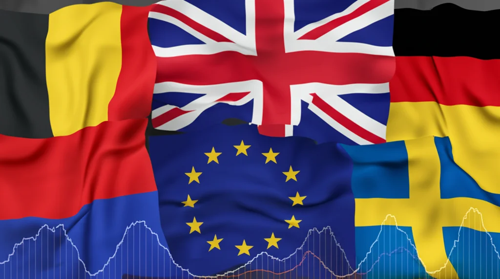 Diverse bandiere europee (Belgio, Danimarca, Germania, Paesi Bassi, Svezia, UK) mescolate con grafici stilizzati della curva pandemica. Simboleggia il confronto tra le diverse risposte nazionali al COVID-19. Stile fotorealistico, obiettivo 35mm, profondità di campo, colori vividi ma seri.