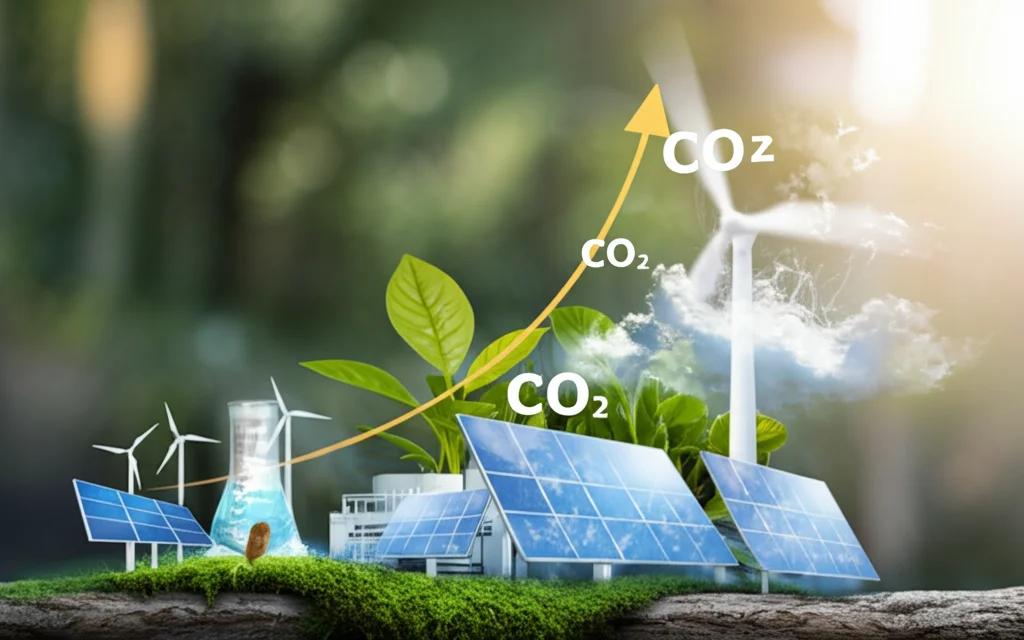 Immagine concettuale che fonde un grafico economico astratto in crescita con elementi naturali rigogliosi (foglie verdi, acqua pulita) e tecnologie energetiche pulite stilizzate (pannelli solari, turbine eoliche, impianti di cattura CO2), simboleggiando un futuro sostenibile guidato da un controllo ottimale robusto. Prime lens, 35mm, depth of field, colori caldi e luminosi che ispirano speranza.