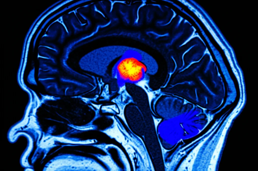 Immagine concettuale fotorealistica che mostra una rete neurale avanzata (DSIT-UNet) che analizza una scansione MRI FLAIR del cervello, evidenziando con precisione un tumore cerebrale complesso, illuminazione high-tech, obiettivo macro 100mm, alta definizione, focus sui dettagli della segmentazione.