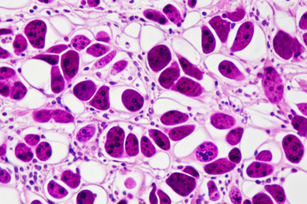 Immagine microscopica ad alto dettaglio di cellule di rabdomiosarcoma pleomorfo, illuminazione controllata, lente macro 100mm, che mostra cellule bizzarre eosinofile, rotonde e fusiformi indicative di differenziazione muscolare scheletrica.