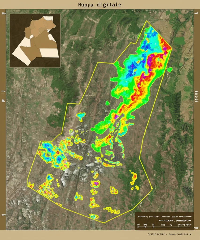 Mappa digitale colorata che mostra le zone di potenziale di ricarica delle acque sotterranee nella regione del Boussellam, sovrapposta a un'immagine satellitare del terreno, stile visualizzazione dati fotorealistica, grandangolo 24mm, con legenda chiara.