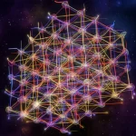 Rendering fotorealistico astratto di una complessa rete cubica frattale (FCN) che si espande nello spazio, con nodi luminosi e connessioni colorate (rosso, blu, verde, giallo, viola) che rappresentano i parametri di colorazione aciclica e a stella. Stile wide-angle 15mm, long exposure per creare scie luminose lungo le connessioni, sharp focus sulla struttura centrale auto-simile, sfondo cosmico scuro.