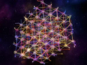 Rendering fotorealistico astratto di una complessa rete cubica frattale (FCN) che si espande nello spazio, con nodi luminosi e connessioni colorate (rosso, blu, verde, giallo, viola) che rappresentano i parametri di colorazione aciclica e a stella. Stile wide-angle 15mm, long exposure per creare scie luminose lungo le connessioni, sharp focus sulla struttura centrale auto-simile, sfondo cosmico scuro.