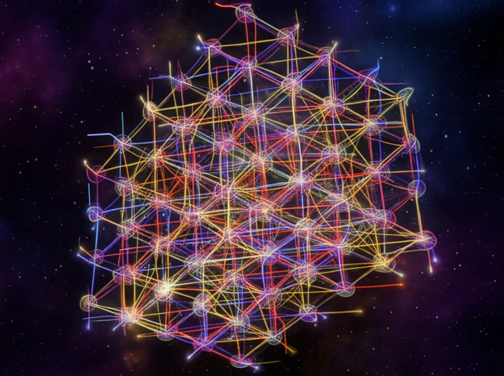 Rendering fotorealistico astratto di una complessa rete cubica frattale (FCN) che si espande nello spazio, con nodi luminosi e connessioni colorate (rosso, blu, verde, giallo, viola) che rappresentano i parametri di colorazione aciclica e a stella. Stile wide-angle 15mm, long exposure per creare scie luminose lungo le connessioni, sharp focus sulla struttura centrale auto-simile, sfondo cosmico scuro.
