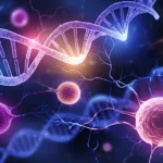 Visualizzazione astratta fotorealistica che fonde filamenti di DNA stilizzati in toni blu e viola, reti neurali luminose simili a sinapsi (giallo/arancione), e una rappresentazione microscopica di cellule tumorali della vescica (rosa/magenta). Effetto profondità di campo marcato, obiettivo grandangolare 24mm per una vista ampia ma con dettagli nitidi in primo piano, illuminazione soffusa ma high-tech con punti luce brillanti sulle reti neurali.