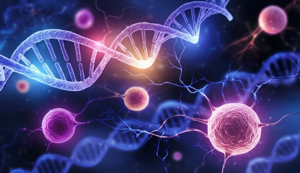 Visualizzazione astratta fotorealistica che fonde filamenti di DNA stilizzati in toni blu e viola, reti neurali luminose simili a sinapsi (giallo/arancione), e una rappresentazione microscopica di cellule tumorali della vescica (rosa/magenta). Effetto profondità di campo marcato, obiettivo grandangolare 24mm per una vista ampia ma con dettagli nitidi in primo piano, illuminazione soffusa ma high-tech con punti luce brillanti sulle reti neurali.