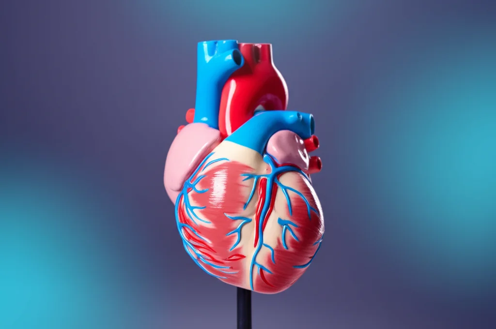 Fotografia macro di un modello 3D altamente dettagliato del cuore umano illuminato da una luce soffusa, con aree specifiche evidenziate da un overlay digitale blu e rosso che simula i dati di una risonanza magnetica e l'analisi AI, obiettivo macro 90mm, illuminazione controllata, alta definizione.