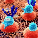 Fotomicrografia concettuale ad alta definizione, lente macro 100mm, illuminazione controllata e precisa, che mostra cellule leucemiche stilizzate (sfere leggermente irregolari) che interagiscono attivamente con una rete tridimensionale complessa rappresentante la matrice extracellulare, con evidenziazione di molecole di segnalazione (Wnt5a, ROR1) sulla superficie cellulare e particelle enzimatiche (MMP-9) rilasciate nell'ambiente circostante.