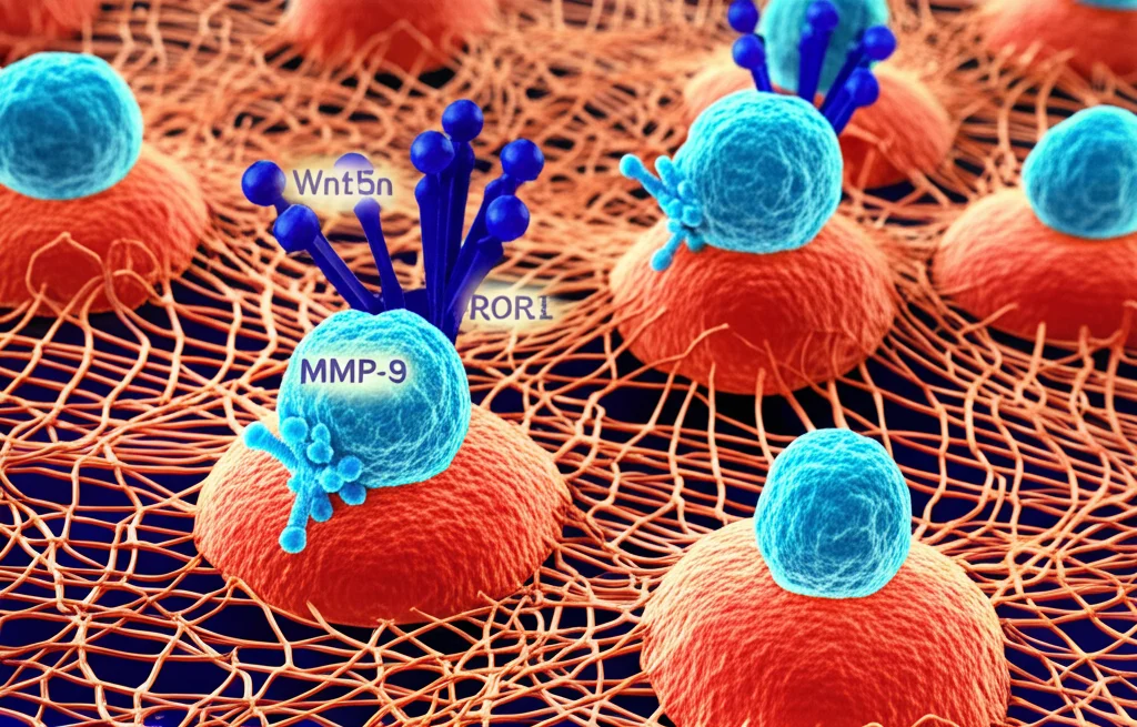 Fotomicrografia concettuale ad alta definizione, lente macro 100mm, illuminazione controllata e precisa, che mostra cellule leucemiche stilizzate (sfere leggermente irregolari) che interagiscono attivamente con una rete tridimensionale complessa rappresentante la matrice extracellulare, con evidenziazione di molecole di segnalazione (Wnt5a, ROR1) sulla superficie cellulare e particelle enzimatiche (MMP-9) rilasciate nell'ambiente circostante.