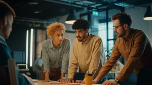 Gruppo diversificato di giovani imprenditori che collaborano con entusiasmo in uno spazio di co-working moderno e luminoso. Obiettivo prime 35mm, profondità di campo, illuminazione naturale.