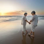 Immagine fotorealistica di un uomo e una donna anziani, sopravvissuti al cancro, che si tengono per mano camminando su una spiaggia al tramonto. Obiettivo grandangolare 20mm per includere l'ampio paesaggio marino e il cielo colorato, lunga esposizione per rendere l'acqua setosa, messa a fuoco nitida sulla coppia, simboleggia speranza e percorso condiviso, stile fotorealistico.