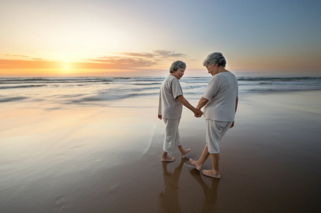 Immagine fotorealistica di un uomo e una donna anziani, sopravvissuti al cancro, che si tengono per mano camminando su una spiaggia al tramonto. Obiettivo grandangolare 20mm per includere l'ampio paesaggio marino e il cielo colorato, lunga esposizione per rendere l'acqua setosa, messa a fuoco nitida sulla coppia, simboleggia speranza e percorso condiviso, stile fotorealistico.