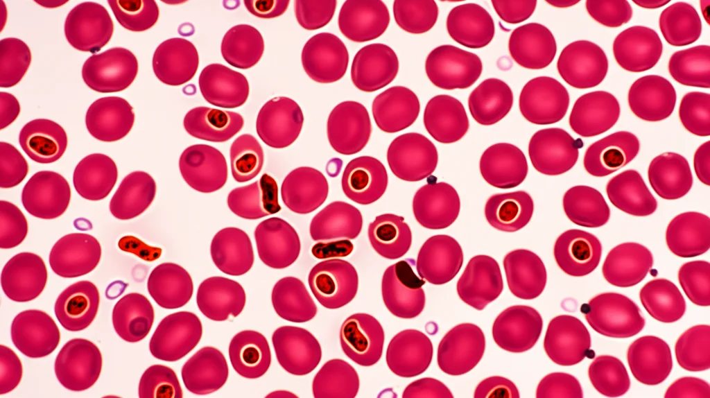 Primo piano macro di globuli rossi infettati dal parassita della malaria (Plasmodium falciparum) visti al microscopio. Obiettivo macro 105mm, alta definizione, illuminazione trasmessa, focus preciso sui parassiti all'interno delle cellule, contesto scientifico di laboratorio.