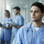 Un giovane apprendista in divisa sanitaria guarda fuori da una finestra con espressione pensierosa e stanca, mentre sullo sfondo sfocato si intravede un ambiente ospedaliero frenetico. Ritratto fotografico, obiettivo 50mm, luce naturale morbida, colori leggermente desaturati, profondità di campo per separare il soggetto dallo sfondo.