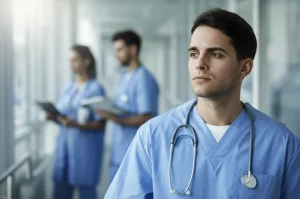 Un giovane apprendista in divisa sanitaria guarda fuori da una finestra con espressione pensierosa e stanca, mentre sullo sfondo sfocato si intravede un ambiente ospedaliero frenetico. Ritratto fotografico, obiettivo 50mm, luce naturale morbida, colori leggermente desaturati, profondità di campo per separare il soggetto dallo sfondo.