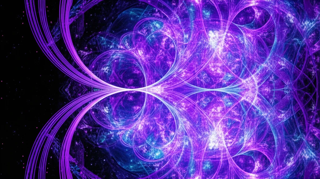 Visualizzazione artistica e astratta di uno spazio matematico complesso con strutture frattali che suggeriscono la moltiplicazione e la modularità. Wide-angle lens, 15mm, long exposure per creare scie luminose, sharp focus sui dettagli intricati, colori cosmici come viola e blu profondo.