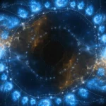 Visualizzazione fotorealistica e artistica di uno spaziotempo tridimensionale vicino al suo confine asintotico. Strutture frattali luminose emergono dal bordo, rappresentando l'algebra di simmetria complessa Λ-bms4. Sullo sfondo, deboli nebulose cosmiche. Obiettivo grandangolare 20mm, lunga esposizione, stile astrofotografia con un tocco surreale, colori dominanti blu profondo e oro.