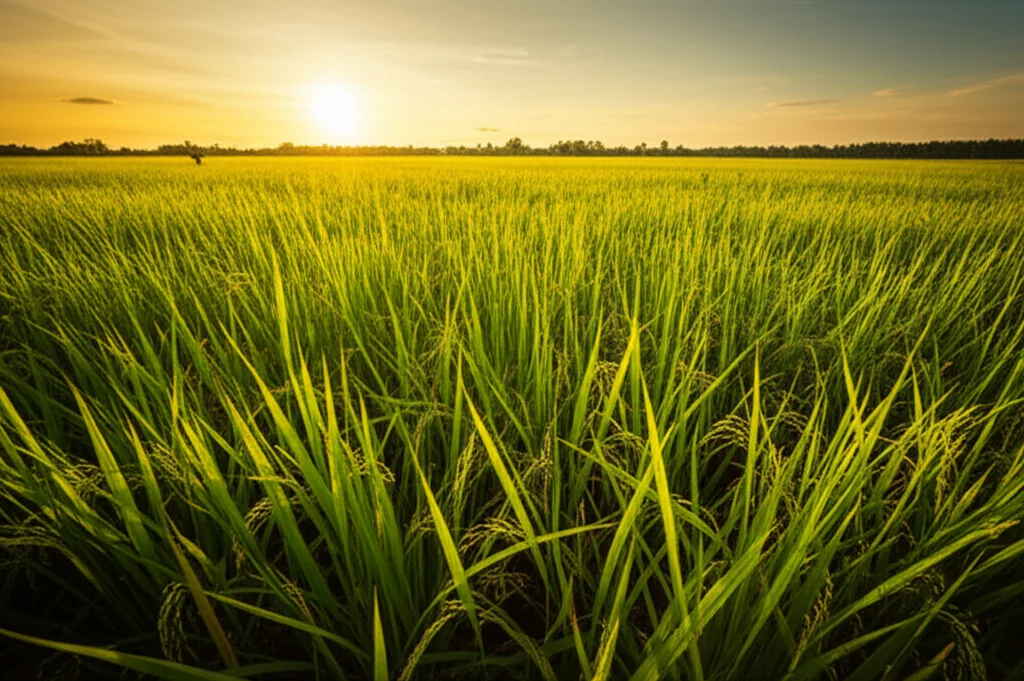 Campo di riso rigoglioso in Tamil Nadu al tramonto, con diverse varietà che mostrano differente vigore sotto un cielo caldo, fotografia paesaggistica, obiettivo grandangolare 20mm, messa a fuoco nitida, colori caldi.